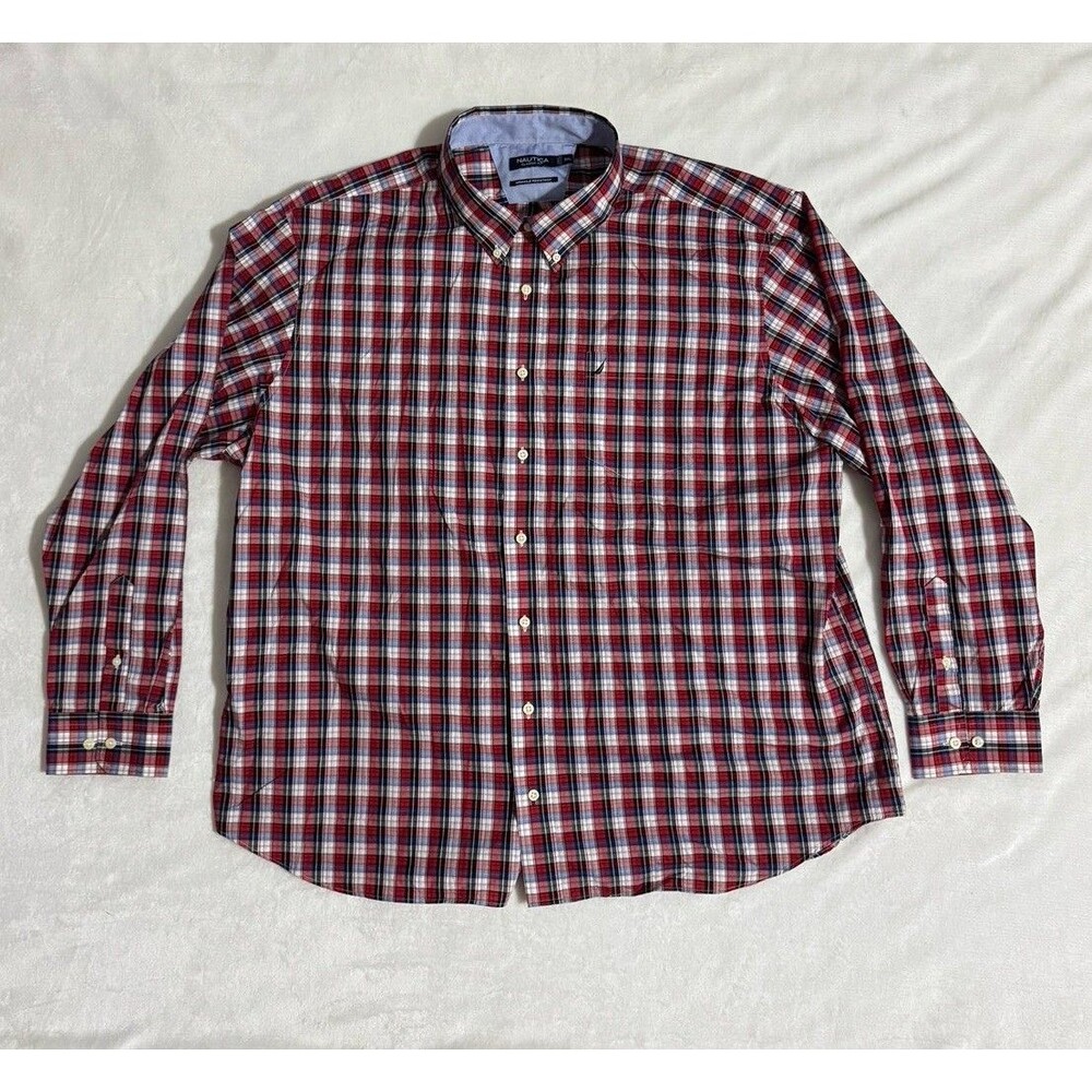 Nautica Men Dress Shirt 3XL Classic Fit Red Blue Plaid Wrinkle Resistant Cotton